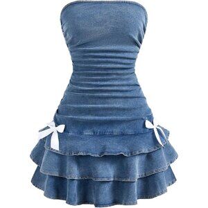 Womens Strapless Denim Blue Mini Dress Band Ruffle Line Bow Layered Summer Dress
